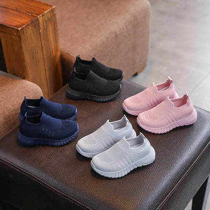Kids Spring and Autumn Striped Knitted Sneakers Tennis Casual Shoes Children Breathable Girls Boys Slip-on Running Sports Shoes.