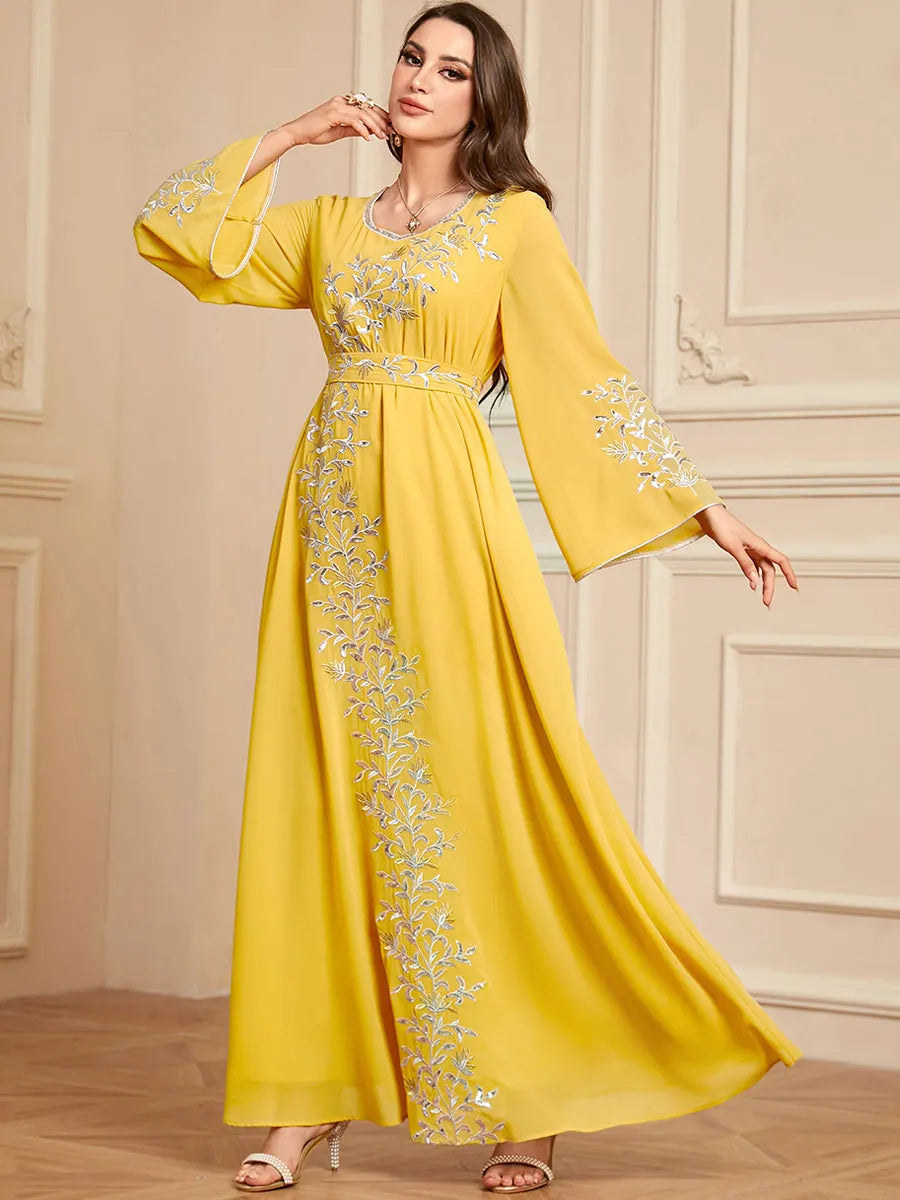 Siskakia Ramadan Muslim Woman’s Elegant Embroidery Abayas With Sashes Long Modest Dresses Women Loose Fashion Kebaya.