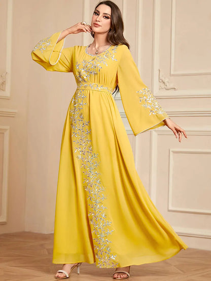 Siskakia Ramadan Muslim Woman’s Elegant Embroidery Abayas With Sashes Long Modest Dresses Women Loose Fashion Kebaya.