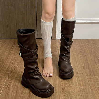 Vintage Thick Heel Women Knight Long Boots Fashion Slip On Knee High Booties Autumn Winter Shoes Zapatos De Mujer.