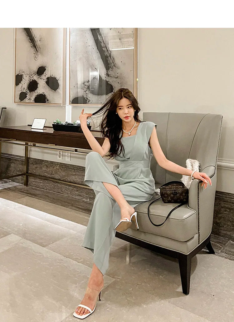 H Han Queen Summer Elegant Business Jumpsuits Women Simple Wide Leg Long Playsuits Korean Sleeveless Casual Rompers Office Lady