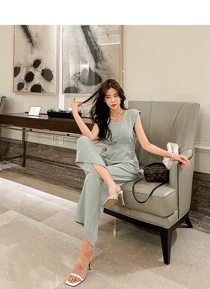 H Han Queen Summer Elegant Business Jumpsuits Women Simple Wide Leg Long Playsuits Korean Sleeveless Casual Rompers Office Lady
