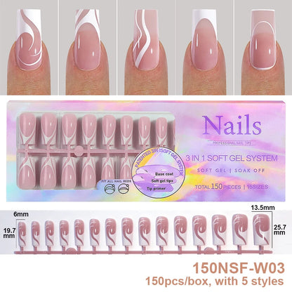 150Pcs/Box Acrylic Press on Nails Full Cover Fake False Tips Soft Gel Extension T-shaped Oval Capsule Almond Sculpted Salon DIY