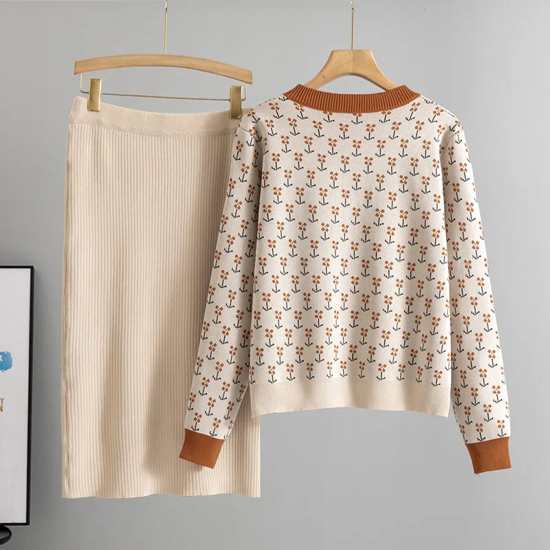 Women Sweater Muslim Knitting Suit Two Piece Sets Pullover Print Knitted Long Skirt Outfits Casual Knitwear Ensemble Autumn 2025.