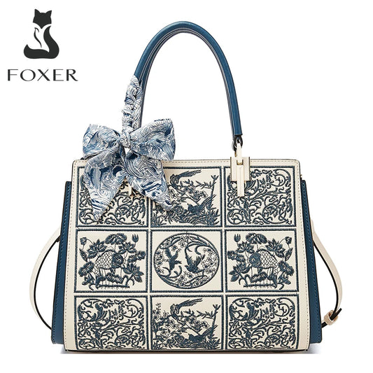 FOXER Split Leather 2025 Autumn Winter New Large Tote Handbag Women's Shoulder Bag Chinese Classic Embroidery Best Gift for Mom.