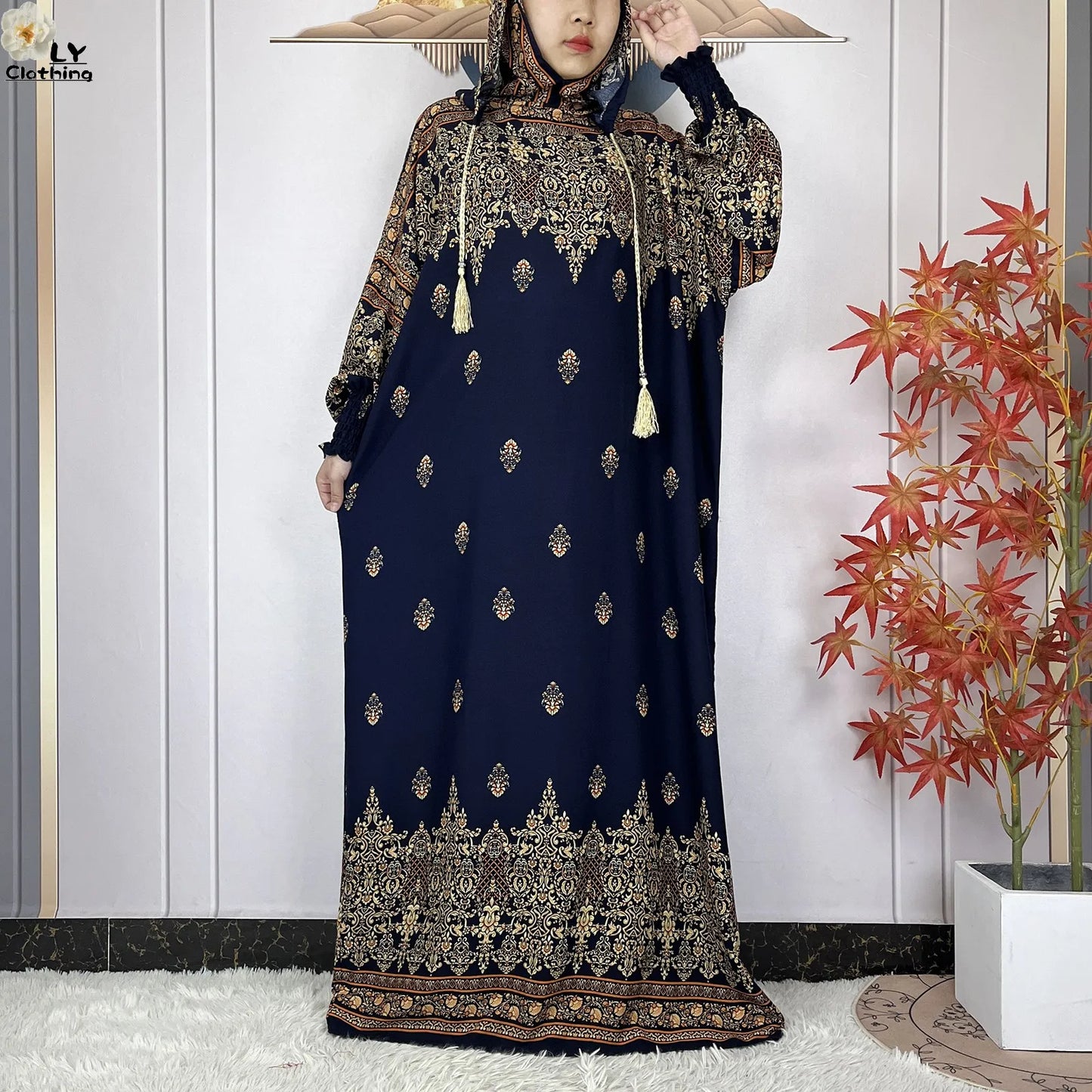 2025 Women Long Sleeves Dress Cotton Ramadan Abaya with Two Hats Muslim Women's Kaftan Dress Dubai Turkey Islam Prayer Clothing.
