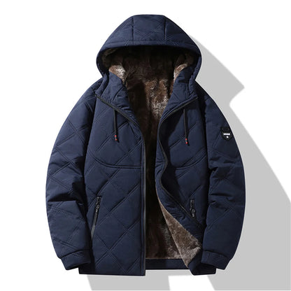 Winter Windproof Thermal Diamond-Pattern Fleece-Lined Thickened Cotton Coat Business Casual Hooded Jacket Fashionable Menswear