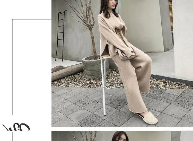 Loribindwood Gestrickte Pullover Breite Bein Hosen Anzug für Frauen Herbst/winter 2022, Neue Koreanische Lose Mode Zwei-stück Set