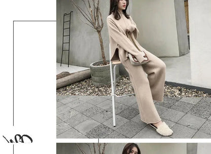 Loribindwood Gestrickte Pullover Breite Bein Hosen Anzug für Frauen Herbst/winter 2022, Neue Koreanische Lose Mode Zwei-stück Set