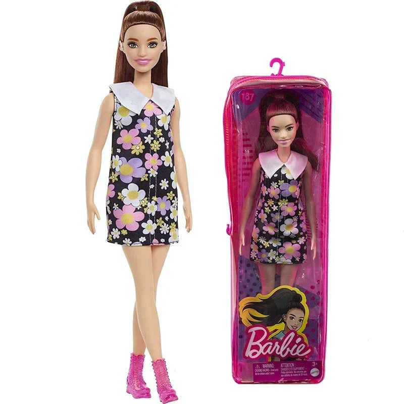 Original Mattel Barbie Fashionistas Doll Floral Dress with Sweet Casual Clothes and Accessories Toys for Girls Collection Gift.