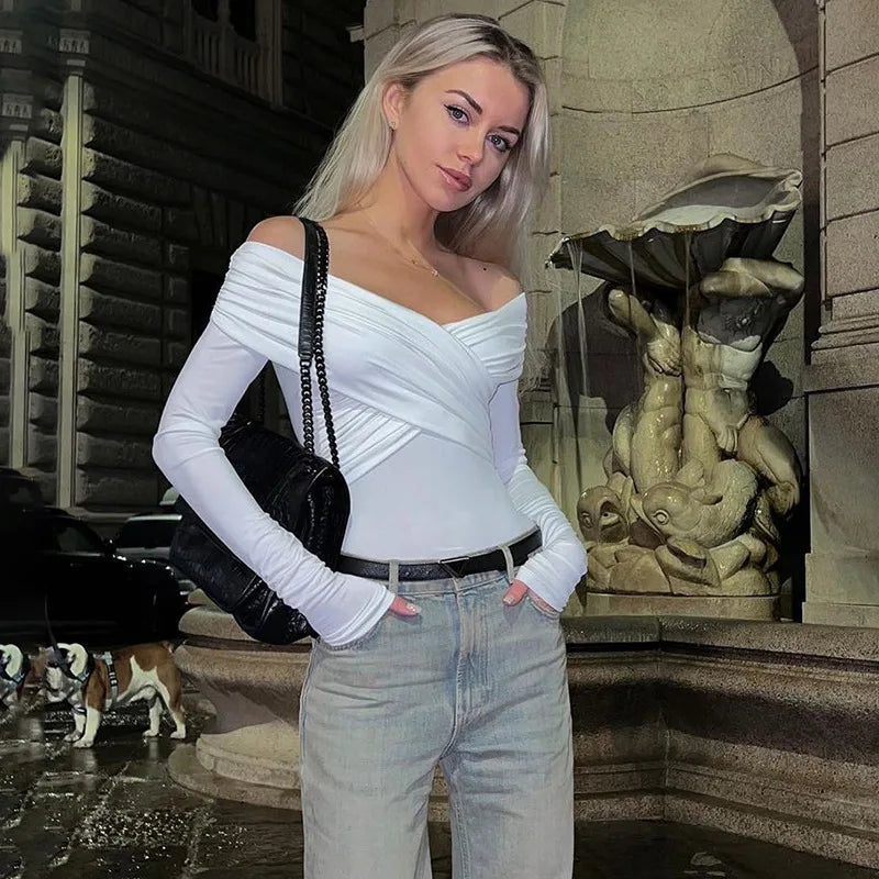 Cryptographic Fashion Off Shoulder Ruched Wrap Bodysuits Outfits for Women Elegant Skinny One Piece Long Sleeve Tops Solid.