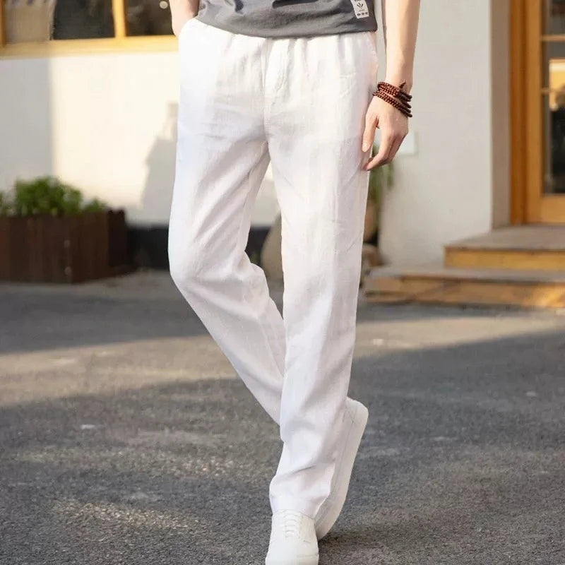 Men's Cotton Linen Pants Straight Leg Elastic Waist Lightweight Breathable Casual Simple Style Male Basic Long Pants.