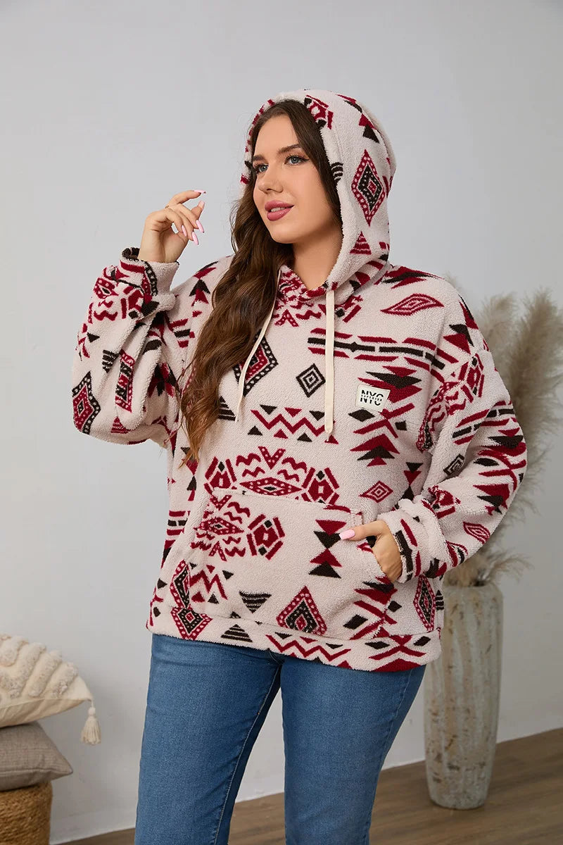 Kapuzenpullover für Damen, große Größe, Reißverschluss-Sweatshirts, ethnischer Druck, flauschiger Streetwear-Pullover, Herbst-Winter-Rollkragenpullover.