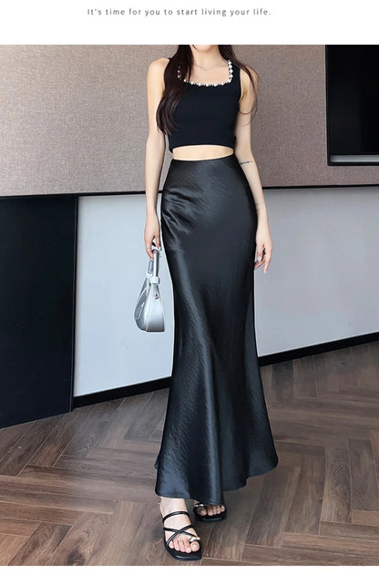 Zoki Chic Satin Elegant Long Skirt Women Casual Fashion High Waist Sweet Trumpet Skirts Slim Summer Female Korean Long Skirts.