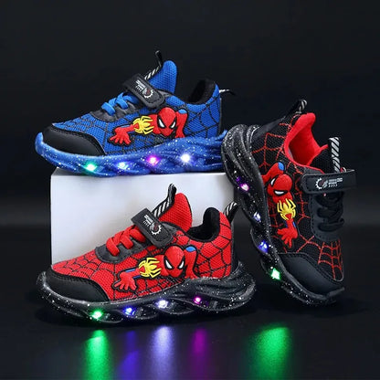 Disney LED Casual Sneakers Red Black For Spring Boys Spiderman Mesh Outdoor Shoes Children Lighted Non-slip Shoes Size 21-30.