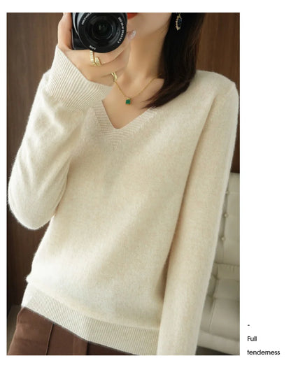 Neue Kaschmir frauen V-ausschnitt Pullover Spitze Neck Aushöhlen Design Beiläufige Gestrickte Lange Hülse frauen Pullover Herbst Und winter