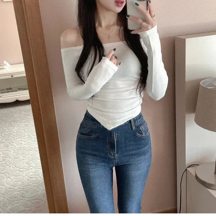 Korean Dongdaemun Fashionable Women's Clothing Off-the-shoulder Sexy Slimming Long Sleeve T-shirt Cropped Top Smooth Silhouette.
