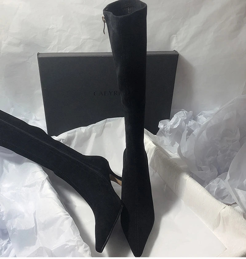 Women Stretch Modern Long Boots Fashion Pointed Toe Knee High Booties Designer High Heels Shoes.