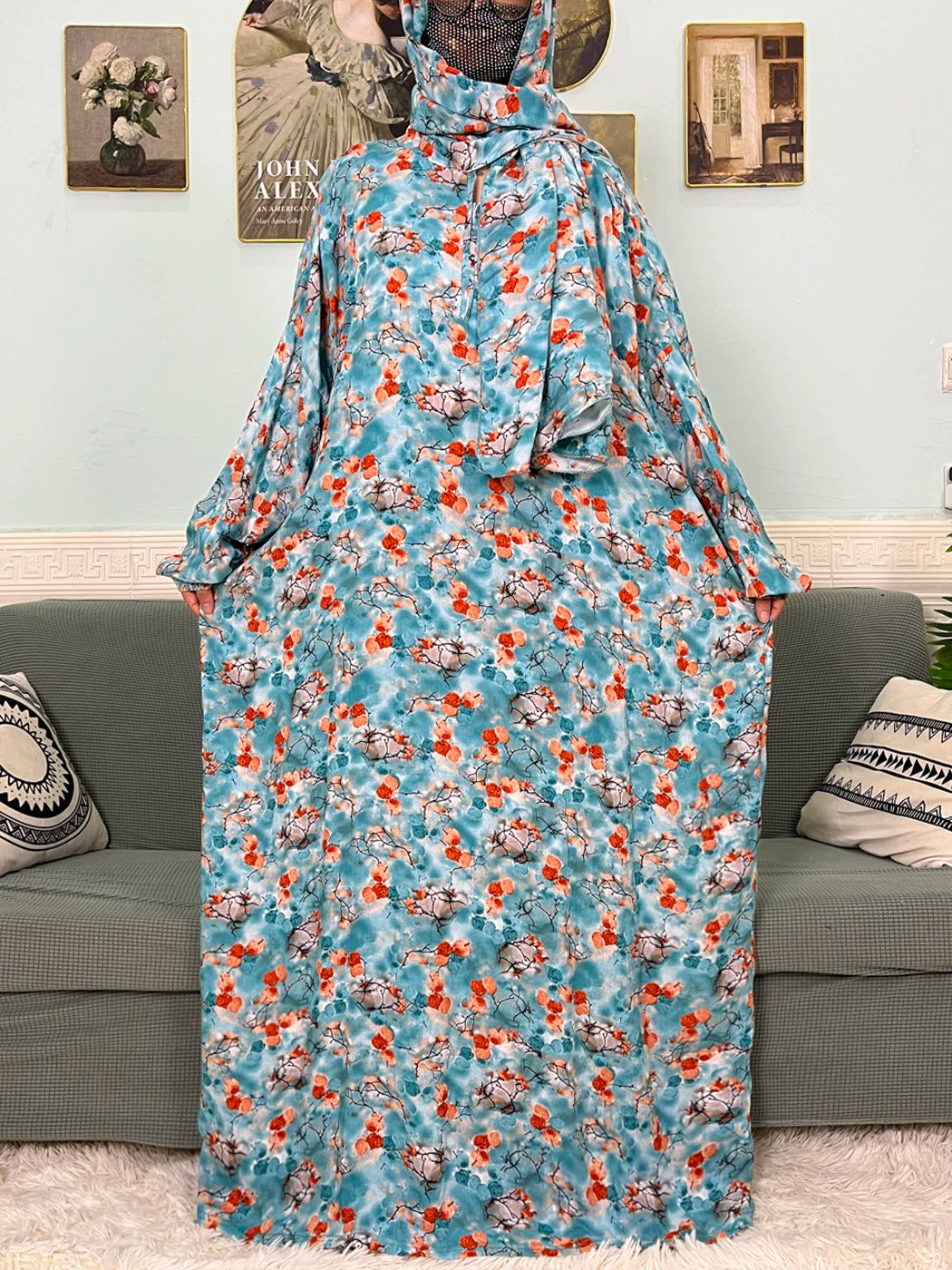 Muslim Cotton Abayas For Women Traditional Floral Ramadan Prayer Garment African Caftan Marocain Femme Robe Connected Headscarf.