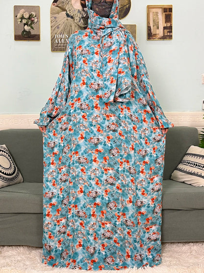 Muslim Cotton Abayas For Women Traditional Floral Ramadan Prayer Garment African Caftan Marocain Femme Robe Connected Headscarf.