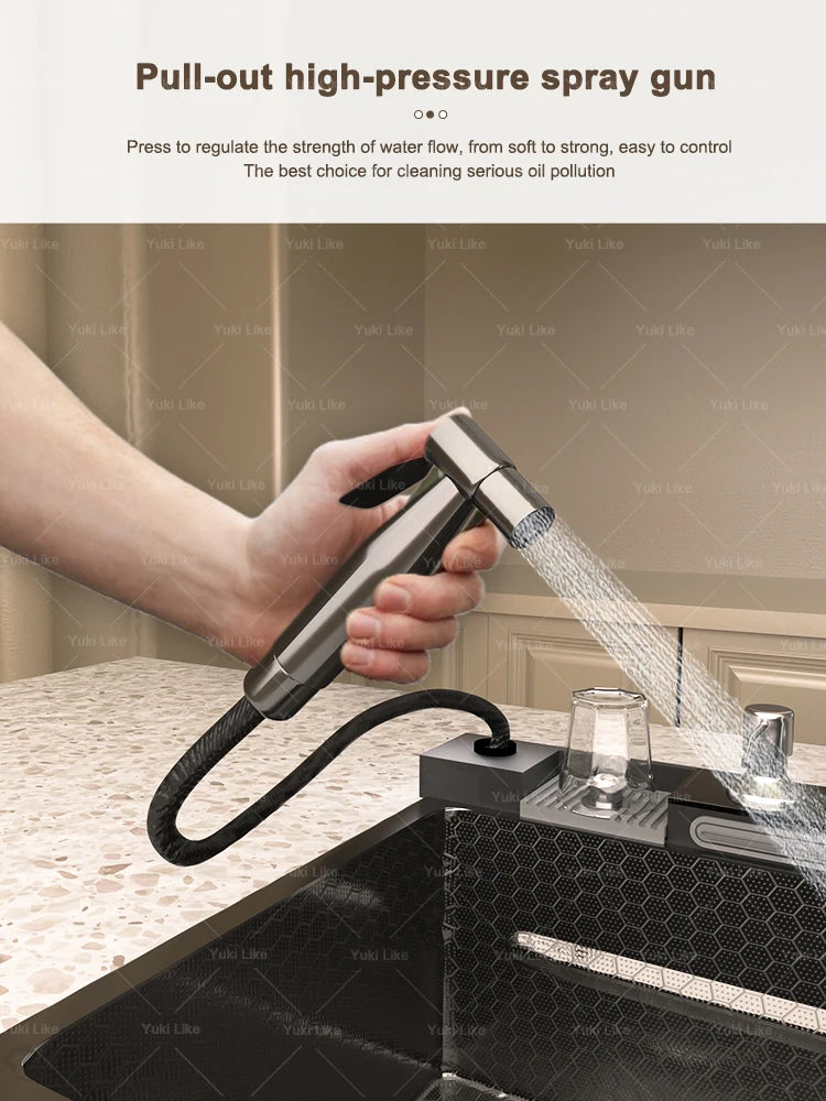 Golden Stainless Steel Kitchen Sink Waterfall Outlet Large Single Sink Digital Display Dishwashing and Vegetable Sinks