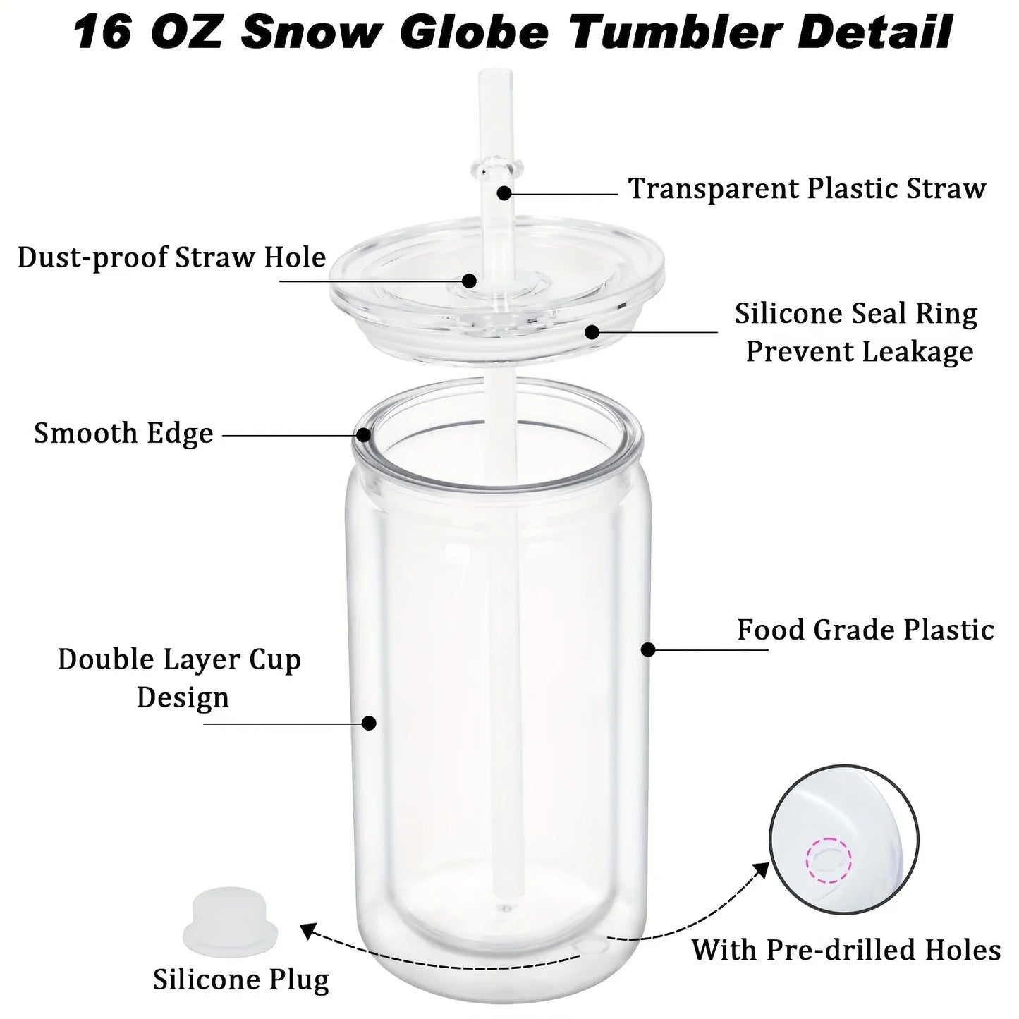 16OZ DIY Snowglobe Tumbler with Pre Drilled Hole Reusable Plastic Water Bottles Break-Resistant Mason Jar Cups for Holiday Gifts.