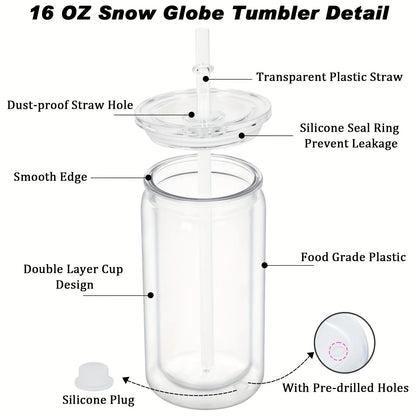 16OZ DIY Snowglobe Tumbler with Pre Drilled Hole Reusable Plastic Water Bottles Break-Resistant Mason Jar Cups for Holiday Gifts.
