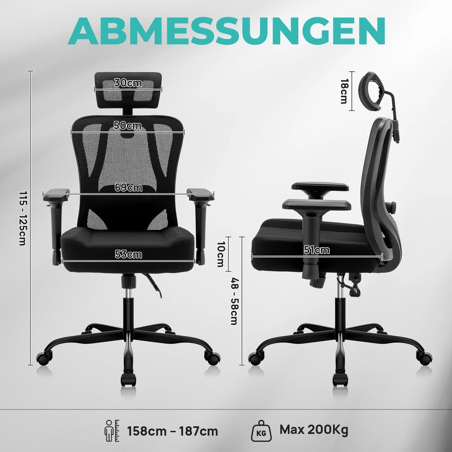 WOTSTA Ergonomischer Bürostuhl mit atmungsaktiver Rückenlehne und verstellbaren Kopfstützen-Armlehnen, gepolstertem Sitz, ideal für Arbeit und Studium