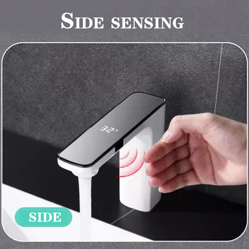 Touchless Sensor Basin Faucet Smart Digital Display Bathroom Sink Faucet Grey Sense Hot Cold Water Mixer Tap Battery Power