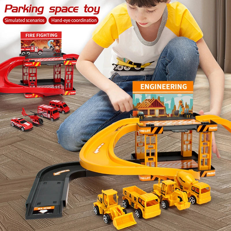 Parking Track Car Children Toys Police Cars Fire Engines Engineering Vehicle Ramp Road Construction Inertial Sliding Track Games.