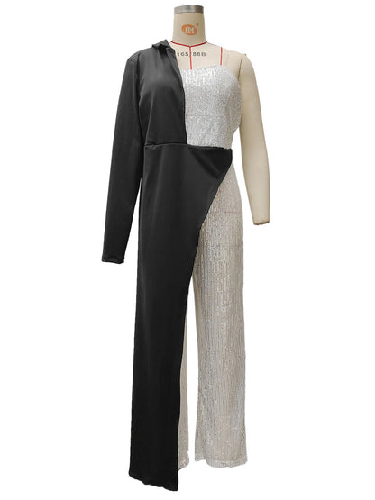 CM.YAYA Women One Long Sleeve Strapless Sequined Blazer Wide Leg Jumpsuits 2025 Evening Party One Piece Set Romper Playsuit.