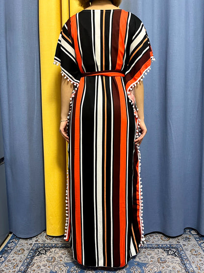 Abayas For Women 2024 Printed Vertical Stripe Tassels Elasticity Loose Fit Femme Robe African Woman Dresses With Belt Headscarf.