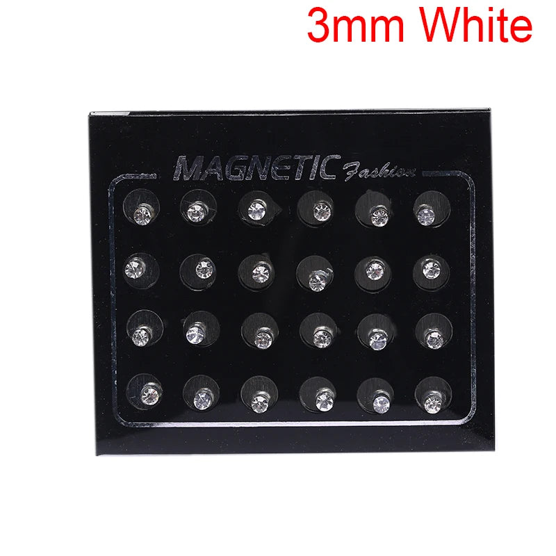 12 Pair(24pcs)/lot 3/4/5/6/7mm Round Crystal Rhinestone Magnet Stud Earring Punk Womens Mens Magnetic Fake Ear Plug Jewelry.