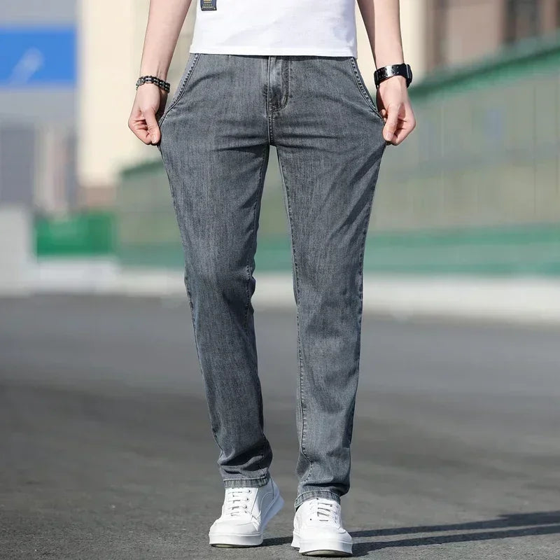 Thin Men's Baggy Soft Casual Jeans Gray Summer Fashion Versatile Comfortable Stretch Straight Casual Jeans Light Blue Male.