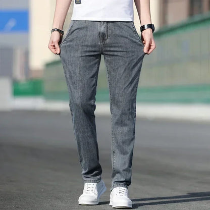 Thin Men's Baggy Soft Casual Jeans Gray Summer Fashion Versatile Comfortable Stretch Straight Casual Jeans Light Blue Male.