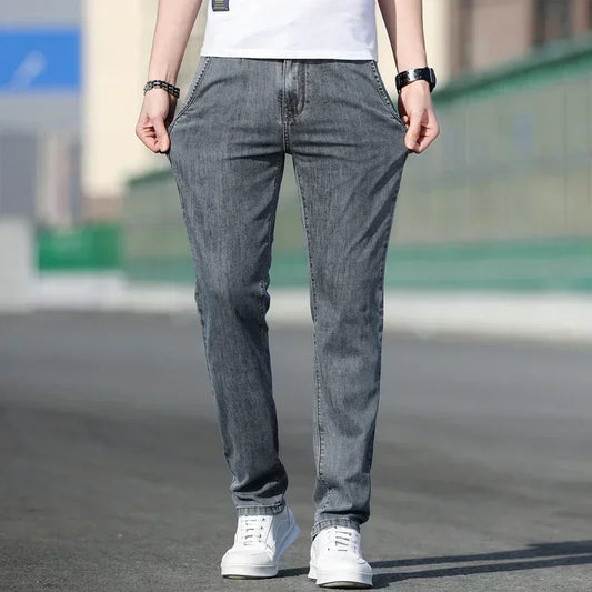 Thin Men's Baggy Soft Casual Jeans Gray Summer Fashion Versatile Comfortable Stretch Straight Casual Jeans Light Blue Male.