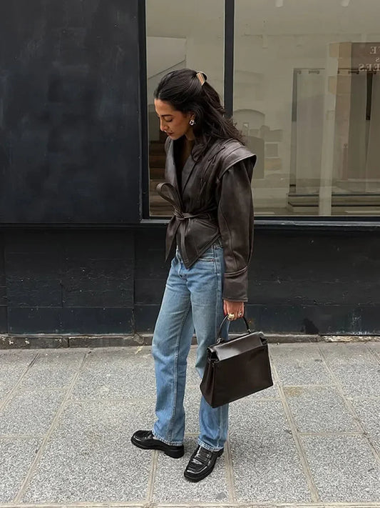 Vintage V-neck Belt Faux Leather Jackets Women Chic Full Sleeve Lace Up High Waist Lapel Overcoat Autumn Female Street Outerwear.