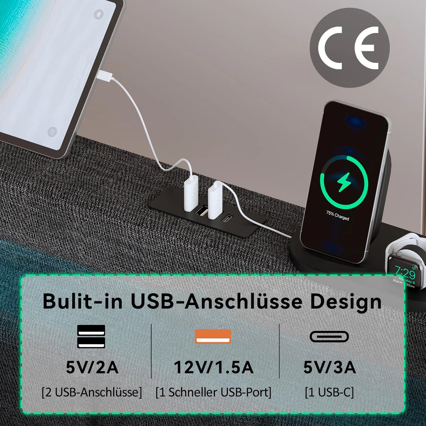 KOMHTOM Polsterbett Einzelbett Jugendbett 90x200 cm Grau - USB Typ C Ladefunktion, LED-Beleuchtung, 2 Schubladen, ohne Matratze