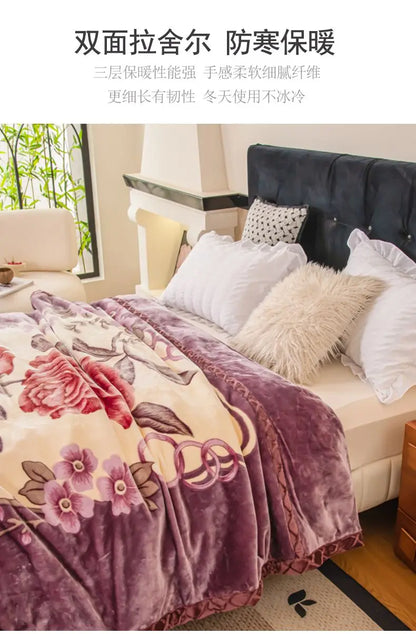 Nordic Style Geometric Printed Blanket Two Person Winter Thickened Quilt Coral Fleece Material Easy To Maintain Plush Bed Sheets.