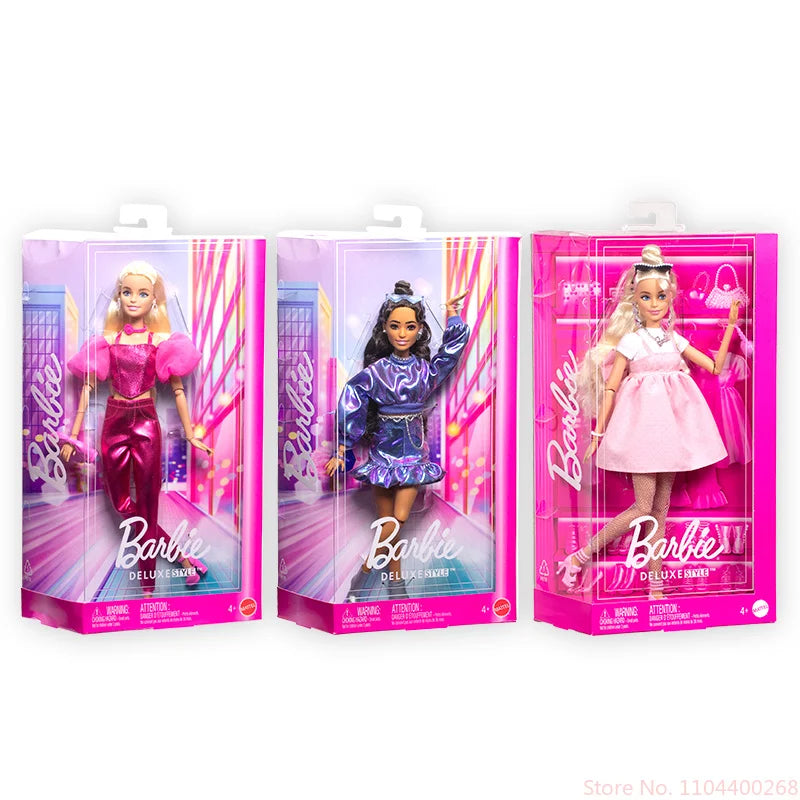 Hot High Quality Barbie Deluxe Style Dolls Pink Dress Outfit Blond Hair Knot Bow Accessories Toys For Girls Sweet Gift In Stock.