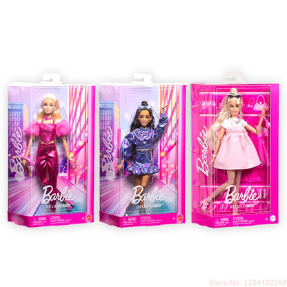 Hot High Quality Barbie Deluxe Style Dolls Pink Dress Outfit Blond Hair Knot Bow Accessories Toys For Girls Sweet Gift In Stock.