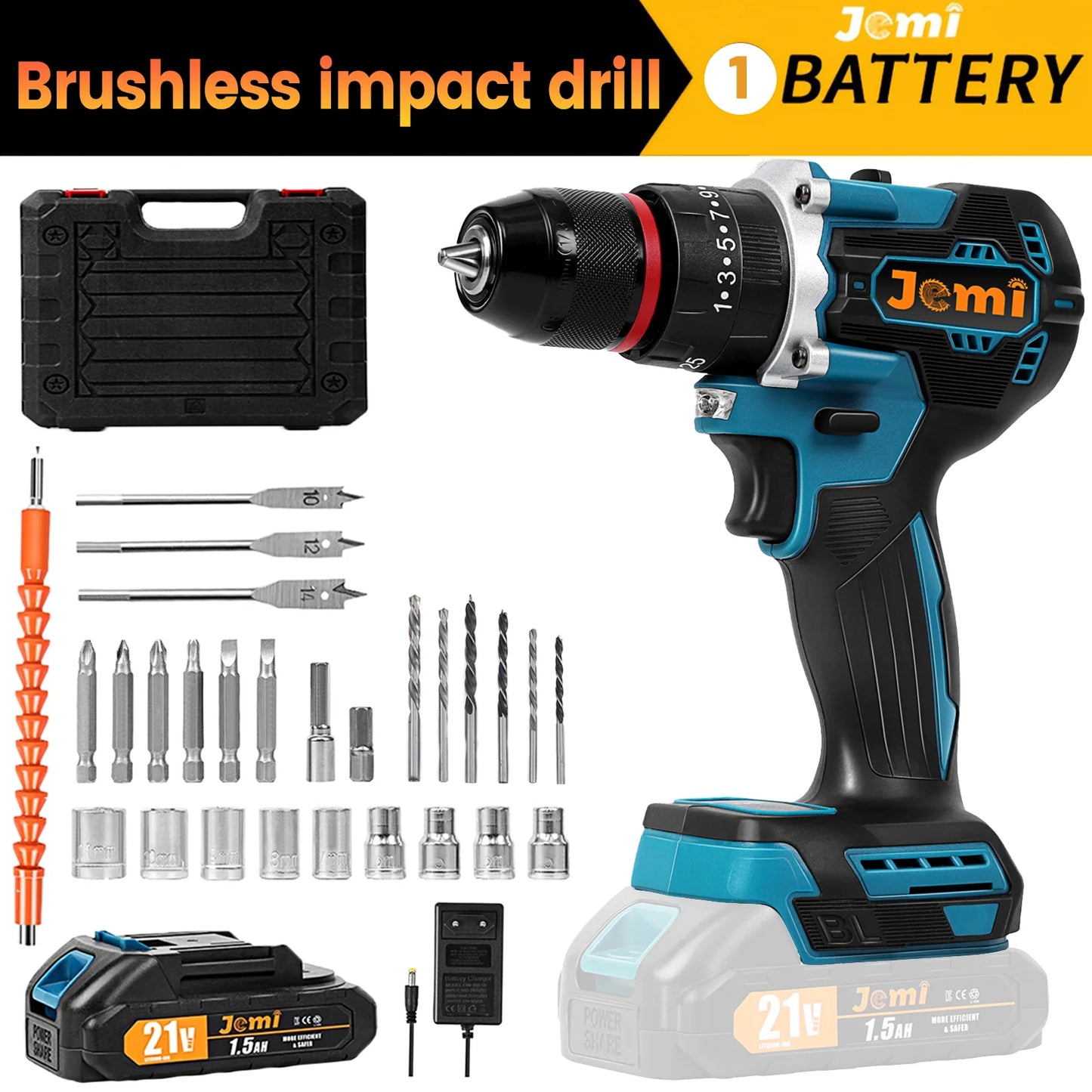 Jemi Tool Akku-Schlagbohrmaschine, mit zwei Geschwindigkeitseinstellungen, ausgestattet mit verschiedenen Größen von Bohrern und Zubehör