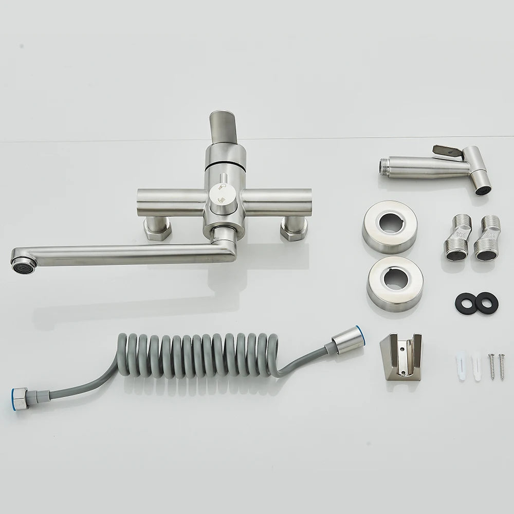 Kitchen Faucets Stainless Steel Wall Mounted Multifunctional Bathroom Basin Faucet Hot Cold  Water Mixer Taps With Spray Gun