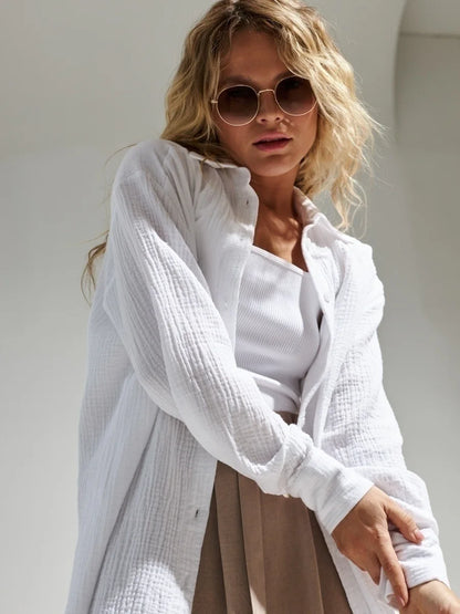 Bornladies 2025 Women's Spring Summer 100% Cotton Shirts Office Lady  Fashionable Solid Lady Long Sleeve Loose Tops Crepe Shirts.