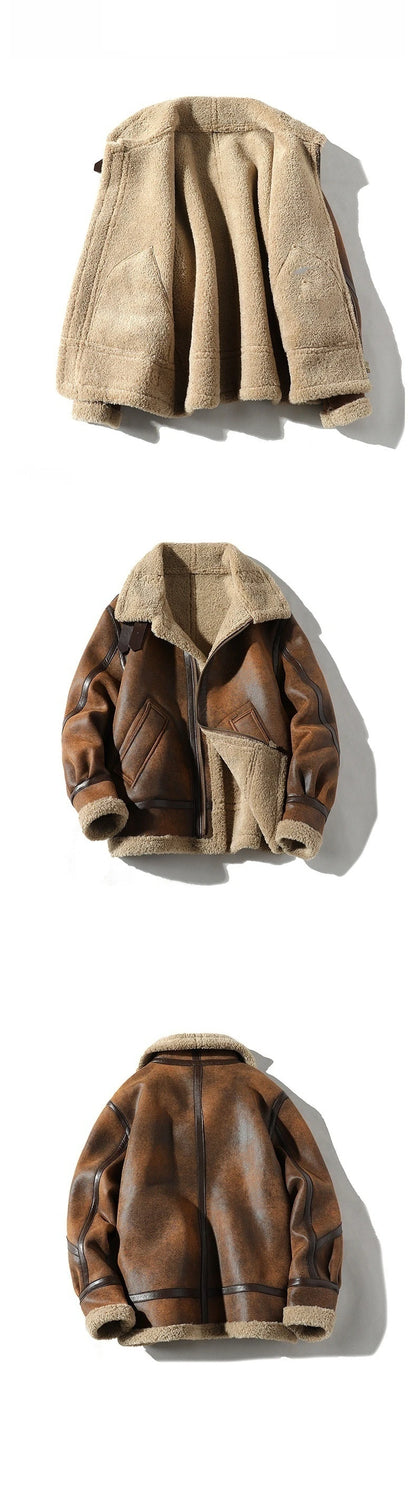 Mens Retro Suede Lambhair Jacket Thick Winter Fur Large Size Motorcycle Leather Coat Trendy.