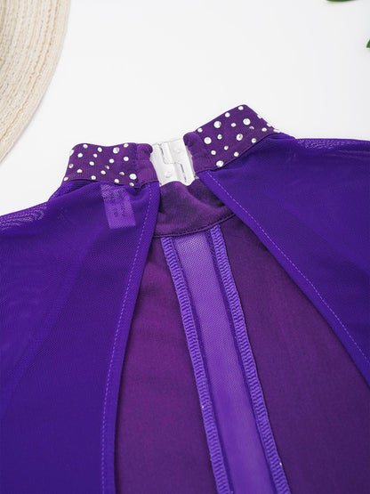 Kinder Mädchen Eiskunstlauf Kostüm Ballett lyrische Tanz gymnastik Trikot Kleid Langarm glänzend Mesh Performance Dance wear