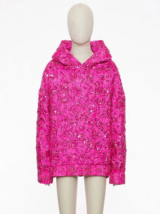 HIGH STREET Newest 2025 F/W Designer Tops Women's Jacquard Beaded Loose Hooded Hoodie.
