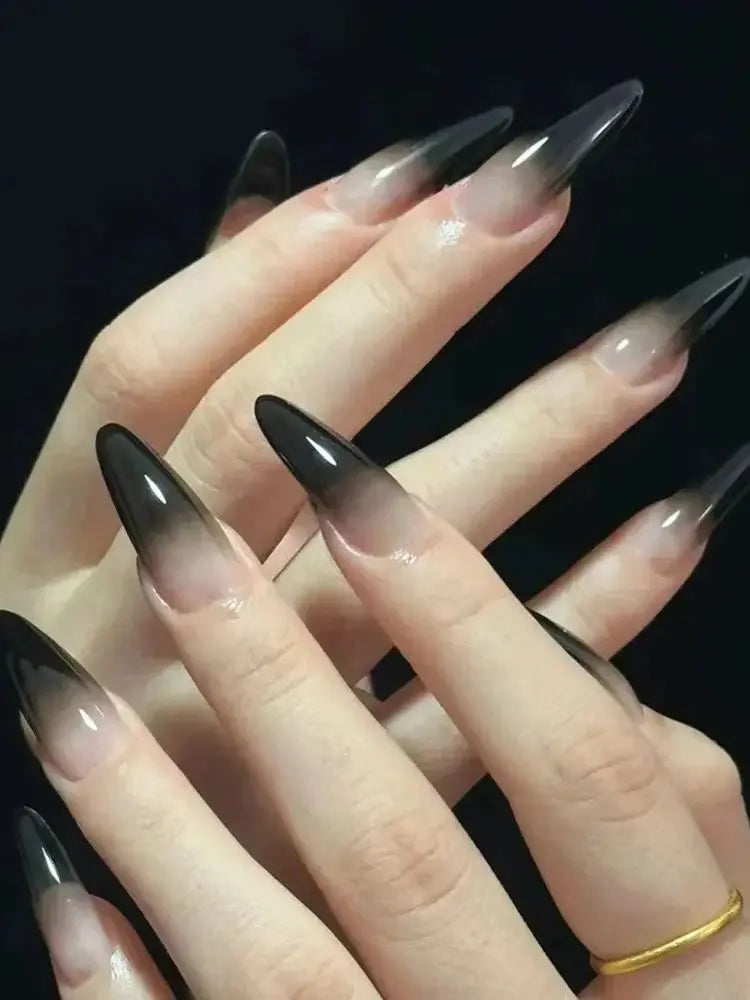 24pcs Black Gradients Long Paragraph Fashion Manicure Patch Reusable Adhesive False Nails Almond Fake Nails Press On Stiletto.