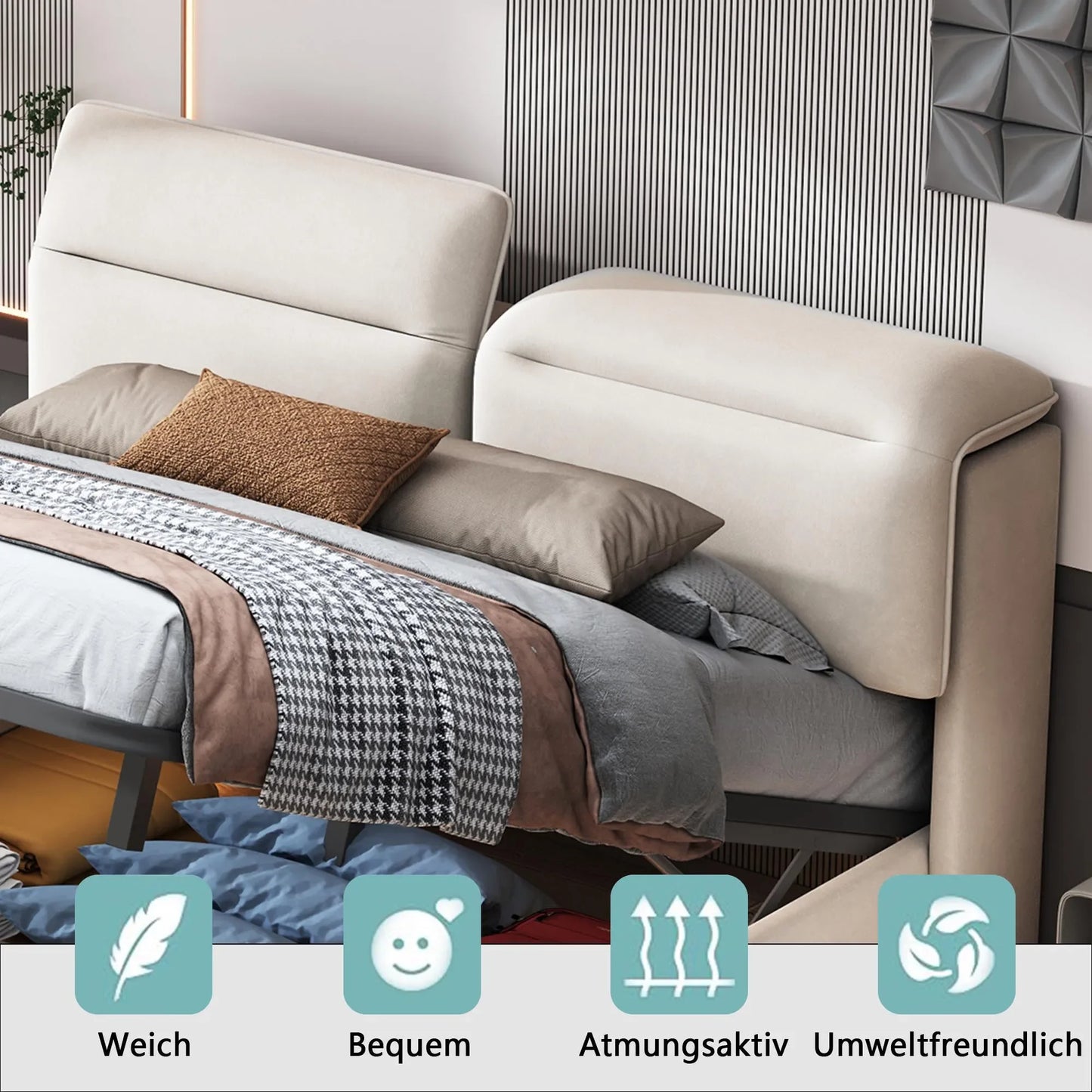 Lazyspace Samt gepolstertes Bett, Doppelbettrahmen, hydraulisches Bett mit Stauraum, verstellbarem Kopfteil und LED-Beleuchtung unter dem Bett