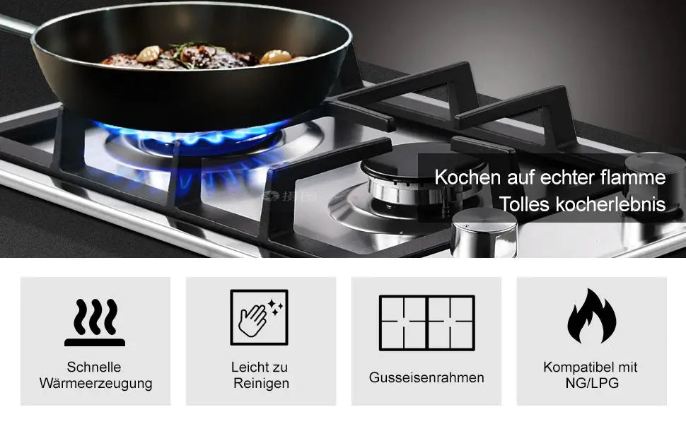 Stainless Steel Gas Hob Automatic Flame Protection 2 Bulbs | Dual Fuel Natural Gas/Propane Built-in/Freestanding 2400W 220-240V.